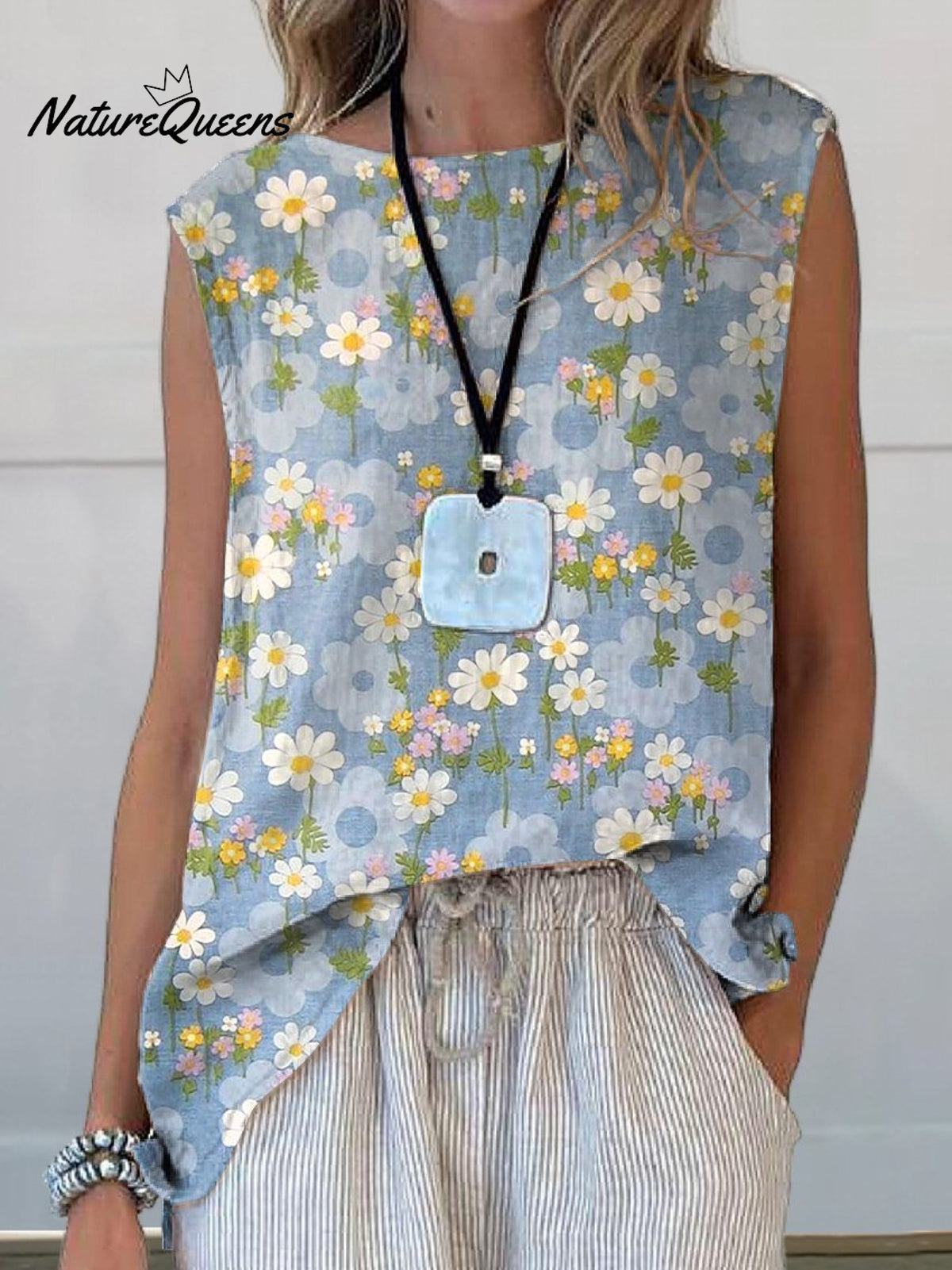 Blooming Daisy Field Pattern Printed Women's Casual Cotton And Linen Tank Top