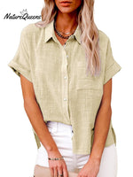 Women’s Solid Color Button Down Short Sleeve Shirt Almond / S