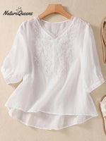 Women's Vintage Embroidered Cotton and Linen Top