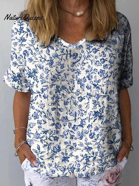 Small Floral Print In Blue Women’s Casual Cotton And Linen Shirt Multicolor / S