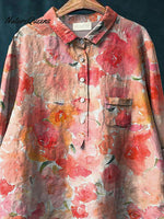 Romantic Watercolor Rose Printed Women's Casual Cotton And Linen Shirt