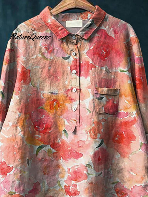Romantic Watercolor Rose Printed Women's Casual Cotton And Linen Shirt