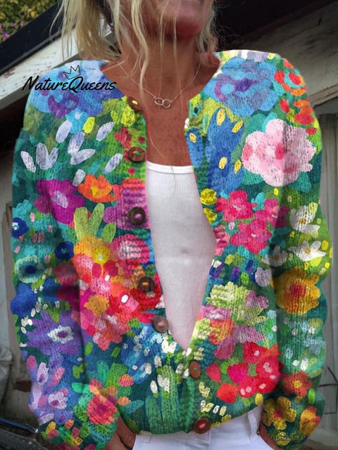 Women's Lovely Floral Art Print Buttoned Cardigan Sweater