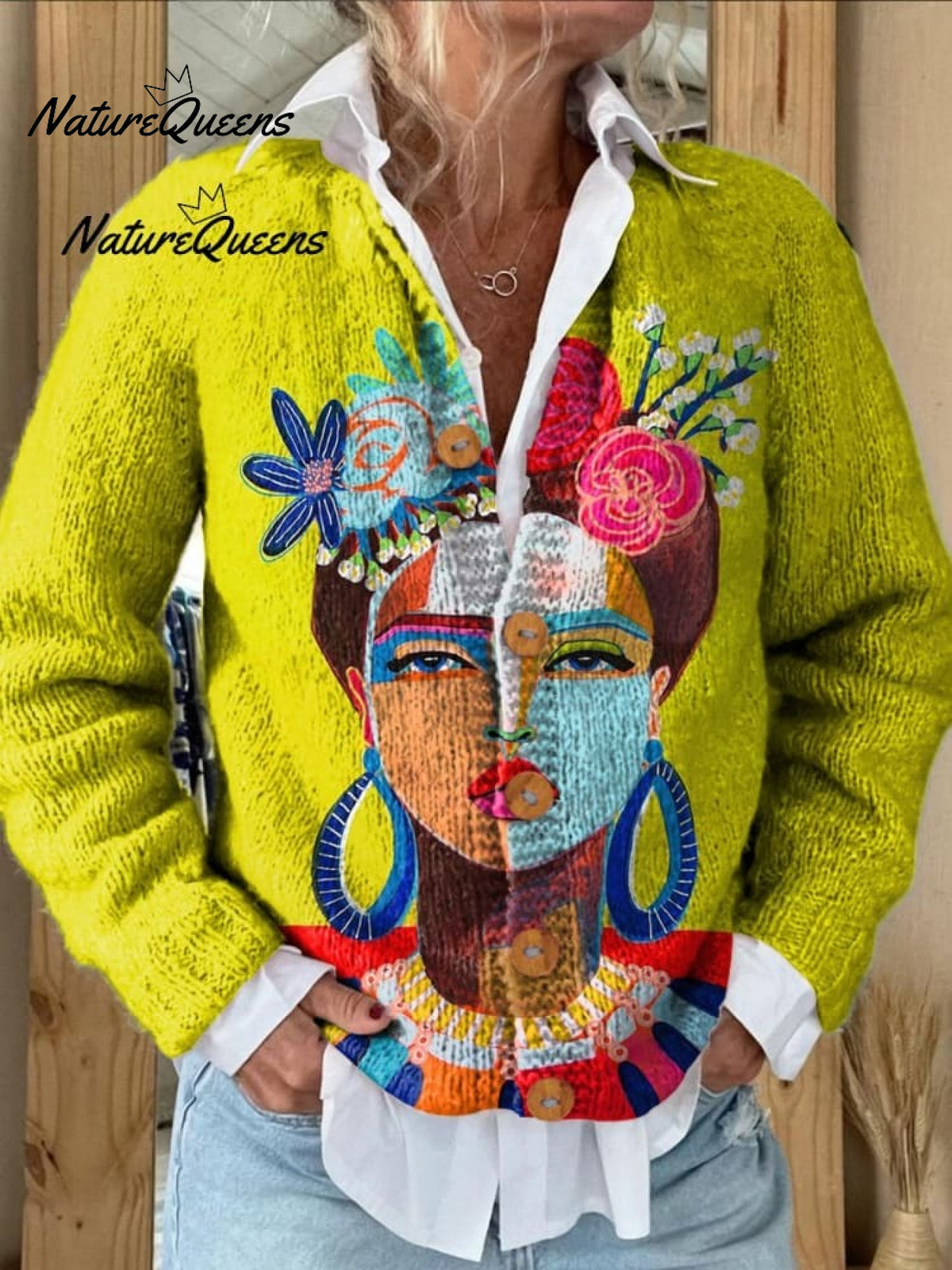 Oil Painting Freda Portrait Art Printed Women's Casual Cotton And Linen Shirt