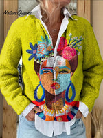Oil Painting Freda Portrait Art Printed Buttoned Cardigan Sweater