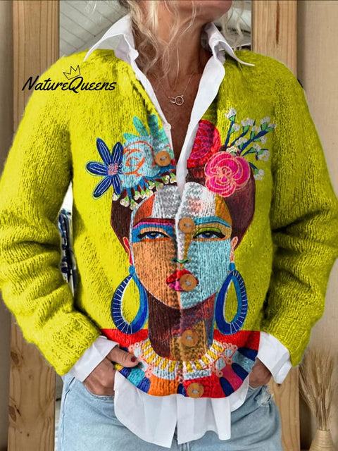 Oil Painting Freda Portrait Art Printed Buttoned Cardigan Sweater