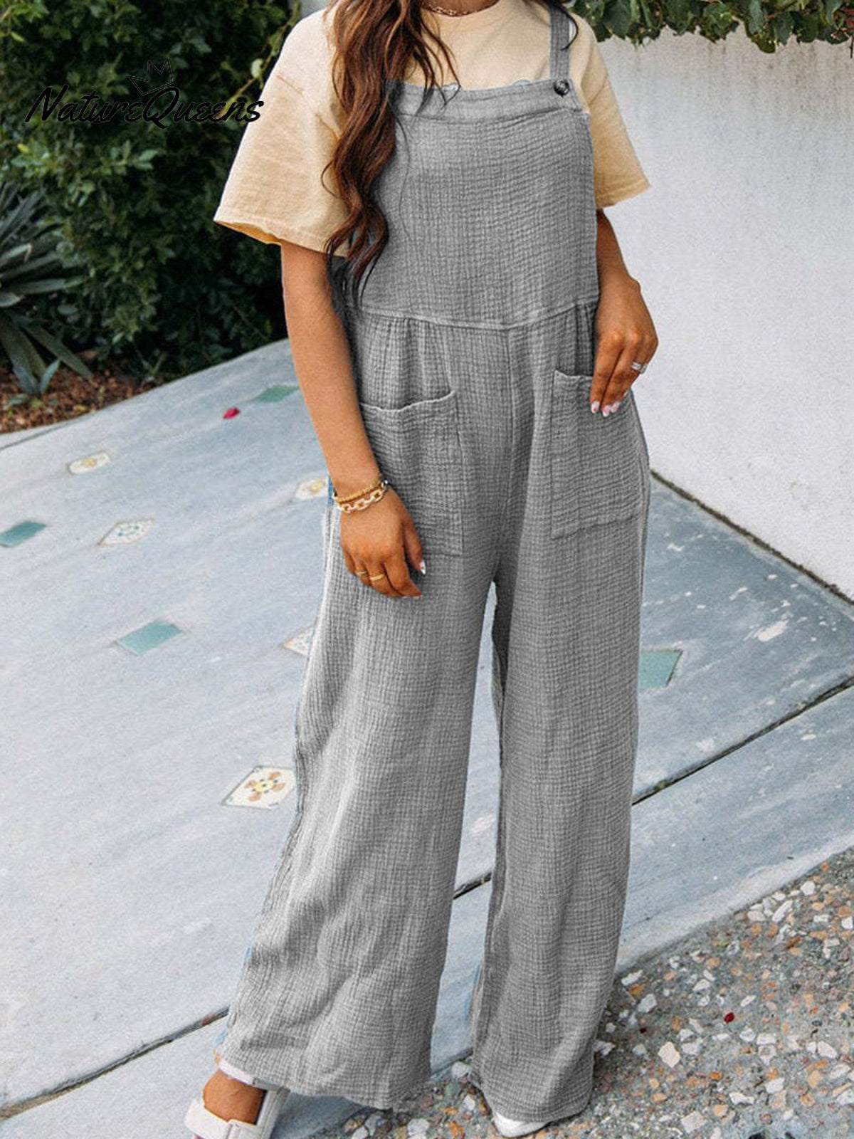 Women’s Casual Solid Colour Square Neck Jumpsuit With Pockets Grey / S