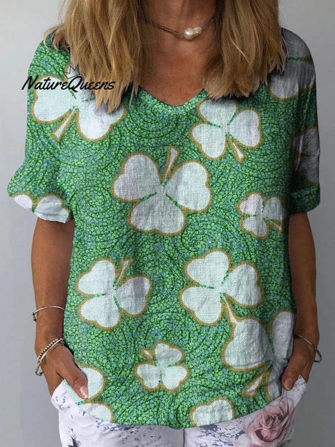 Women's Lovely Lucky Clover Art Print Casual Cotton And Linen Shirt