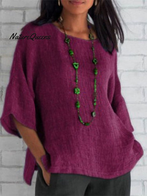 Crewneck Cotton And Linen Shirt Top Purple / S