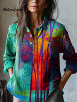 Simple Summer Woodland Quilt Art Printed Women's Casual Cotton And Linen Shirt