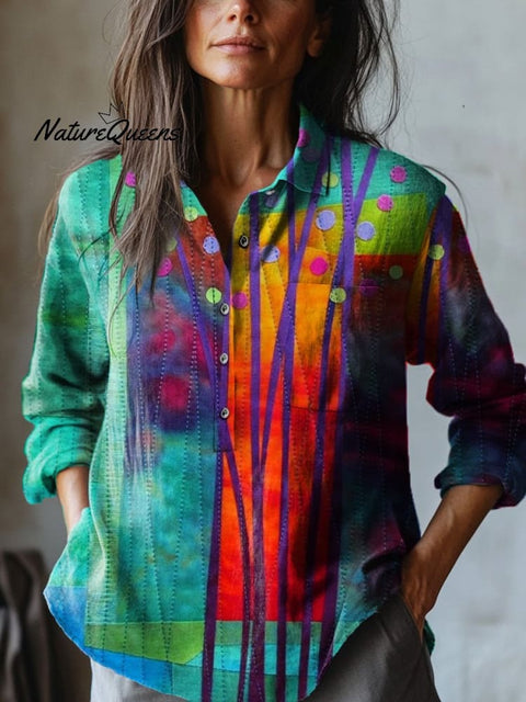 Simple Summer Woodland Quilt Art Printed Women's Casual Cotton And Linen Shirt