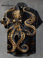Vintage Fish Octopus Art Print Casual 100% Cotton Shirt