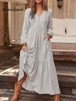 Cotton And Linen Retro Casual Long - Sleeved Dress Grey / S