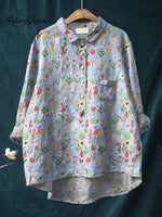 Women's Floral Art Print Casual Cotton And Linen Shirt