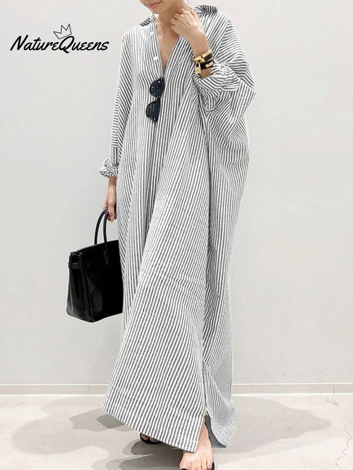 Women’s Elegant Cotton Linen Striped Cardigan Loose Casual Irregular Dress Grey / S