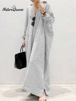 Women’s Elegant Cotton Linen Striped Cardigan Loose Casual Irregular Dress Grey / S