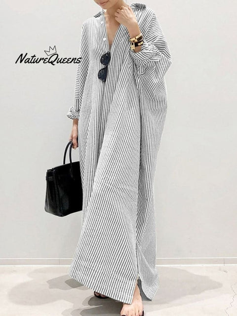 Women’s Elegant Cotton Linen Striped Cardigan Loose Casual Irregular Dress Grey / S