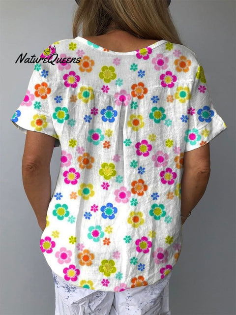 Retro Summer Floral Pattern Printed Women's Casual Cotton And Linen Shirt