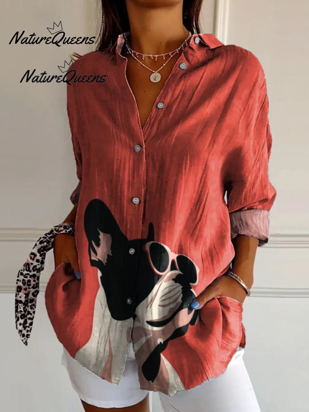 Decorative Pattern of French Bulldog Wearing Sunglasses On Red Background Casual Cotton And Linen Shirt