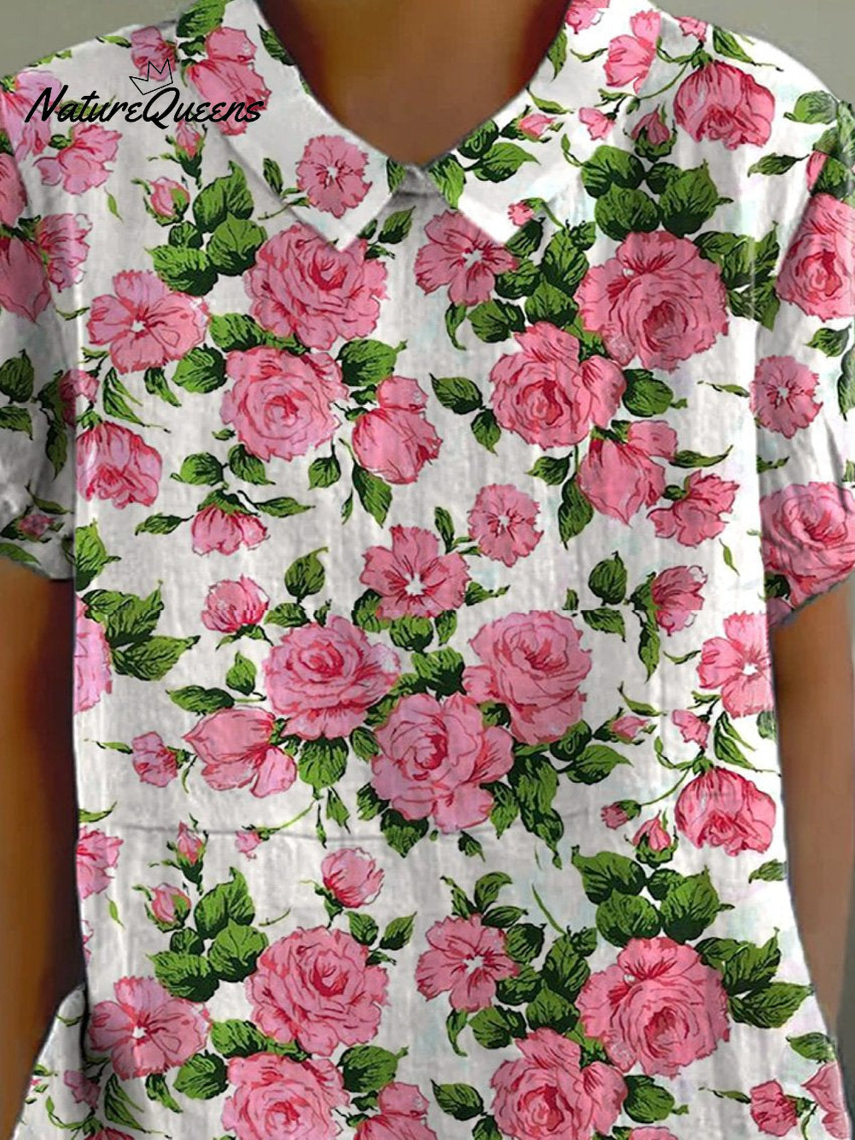Pink French Rose Pattern Printed Women's Casual Cotton And Linen Shirt