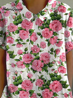 Pink French Rose Pattern Printed Women's Casual Cotton And Linen Shirt