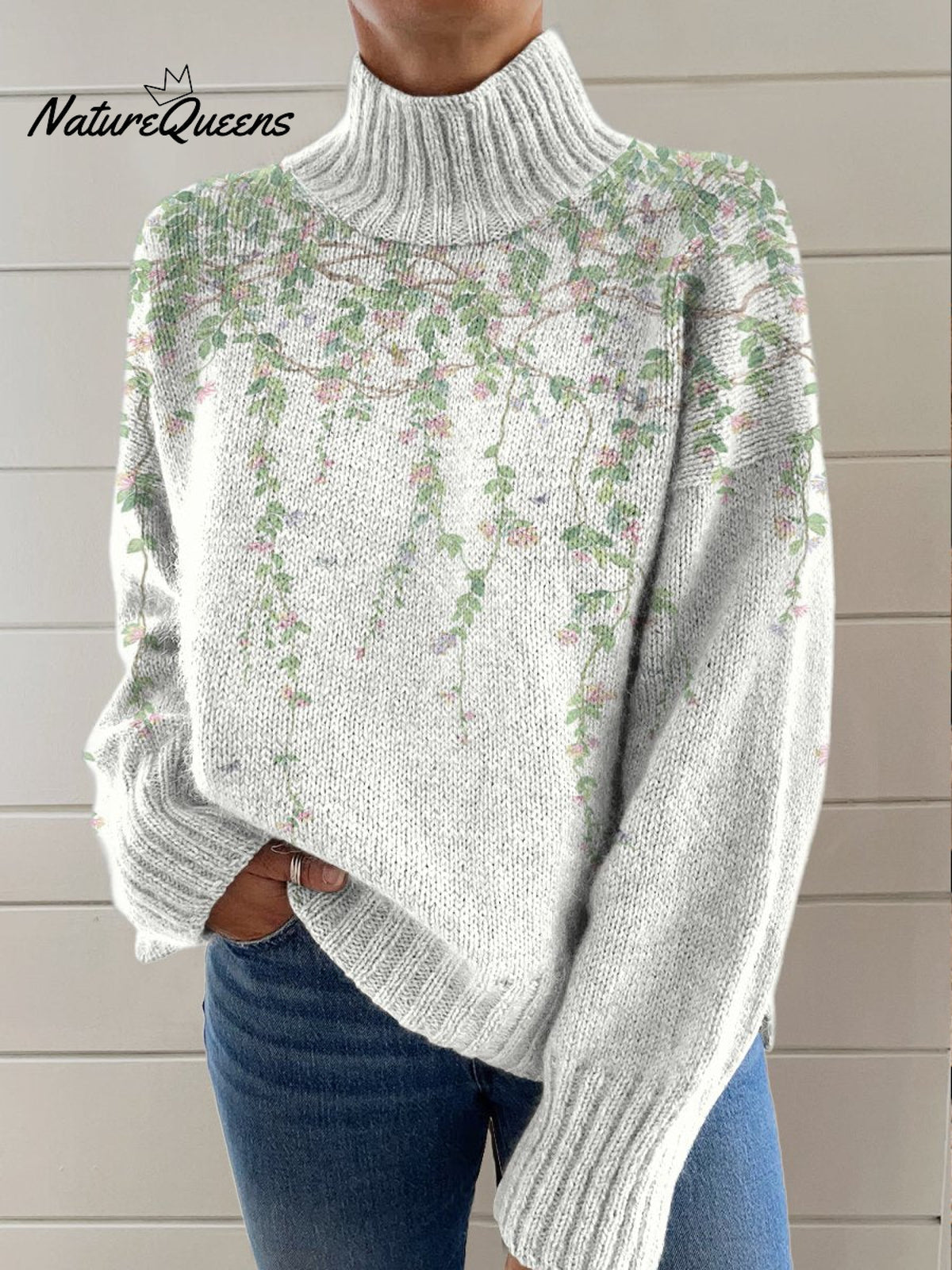 Vertical Flower Decorative Pattern Knit Turtleneck Pullover Sweater