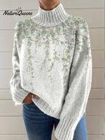 Vertical Flower Decorative Pattern Knit Turtleneck Pullover Sweater