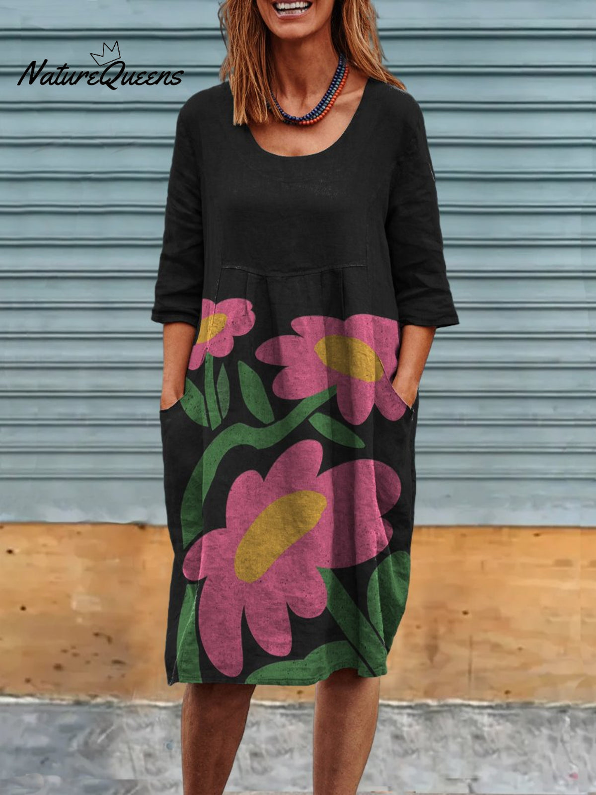 Cute Little Pink Flowers Print Womens Linen Pocket Tunic Dress