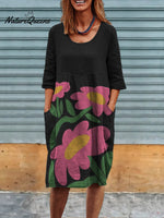 Cute Little Pink Flowers Print Womens Linen Pocket Tunic Dress