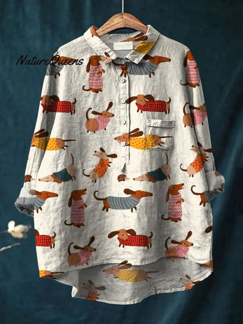 Women's Cute Dachshund Art Print Casual Cotton And Linen Shirt