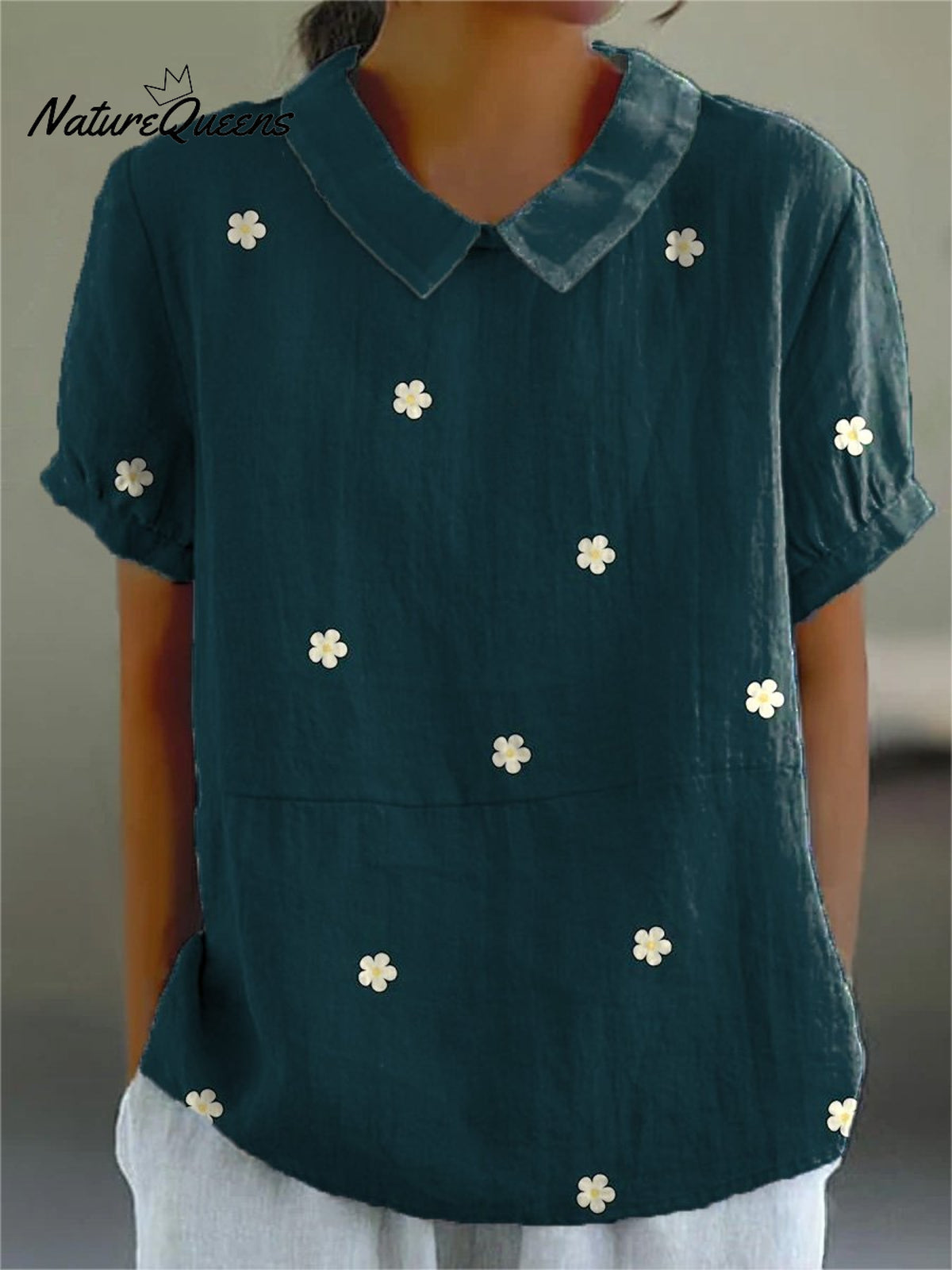 Petite White Daisy Repeat Pattern Printed Women’s Casual Cotton And Linen Shirt Darkgreen / S