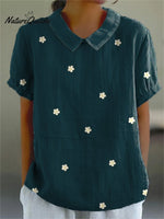 Petite White Daisy Repeat Pattern Printed Women’s Casual Cotton And Linen Shirt Darkgreen / S