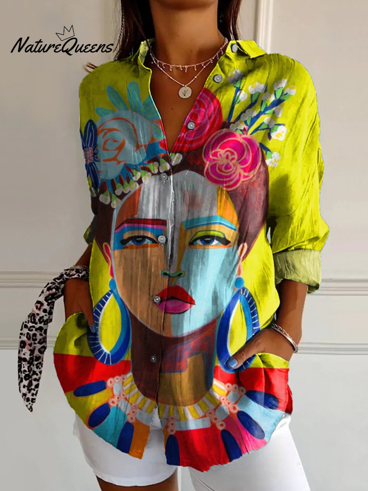 Oil Painting Freda Portrait Art Printed Women's Casual Cotton Shirt