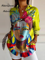 Oil Painting Freda Portrait Art Printed Women's Casual Cotton And Linen Shirt