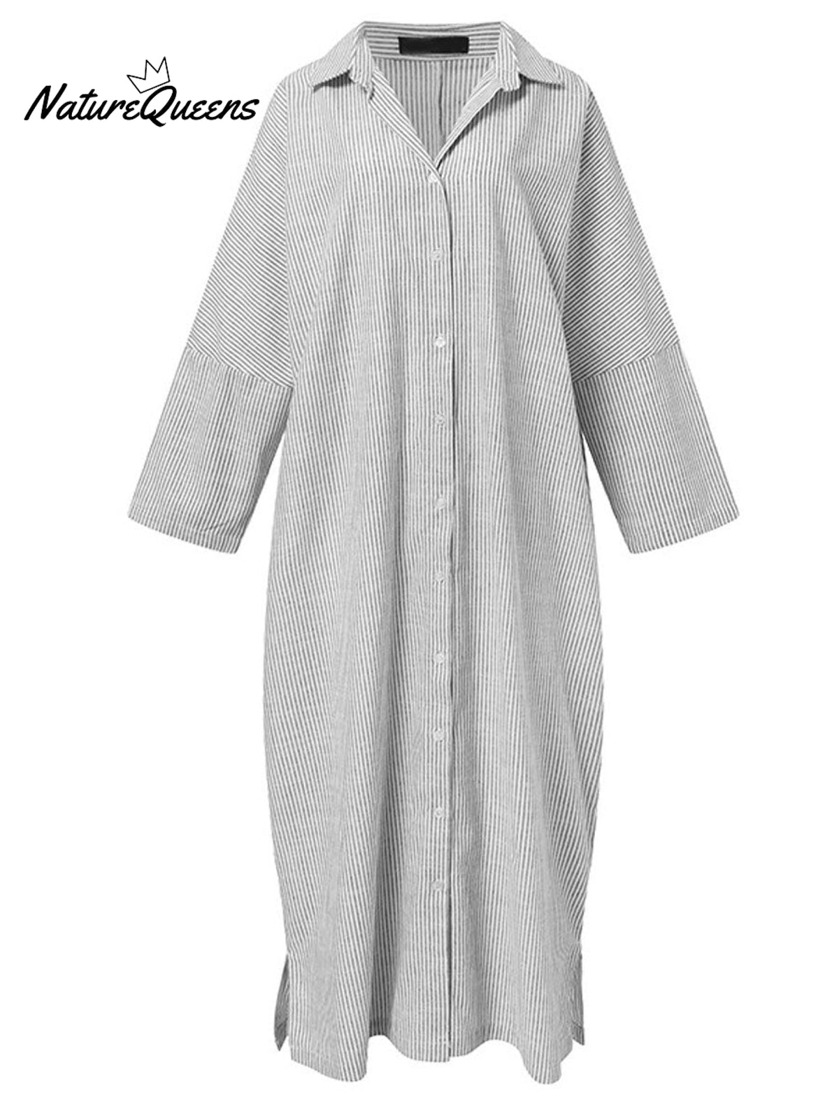 Women’s Elegant Cotton Linen Striped Cardigan Loose Casual Irregular Dress