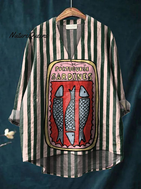 Women's Green Striped Sardines Print Casual Cotton And Linen V-neck Shirt