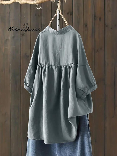 Women's Single Breasted Solid Color Pullover Casual Loose Cotton And Linen Shirt