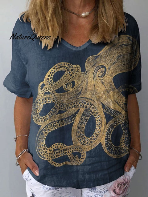 Women's Octopus Art Print Casual Cotton And Linen Shirt