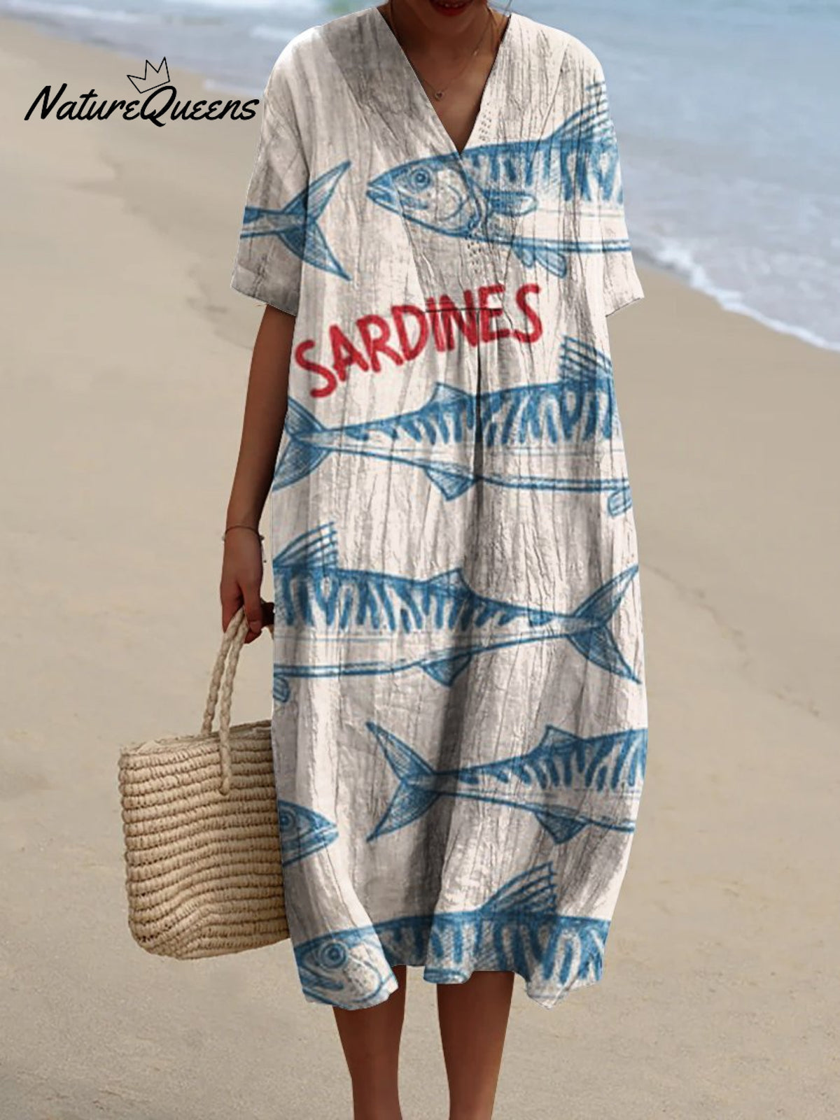 Women's Simple Blue Sardines Watercolor Splash Fluid Art Print Flowy Dress