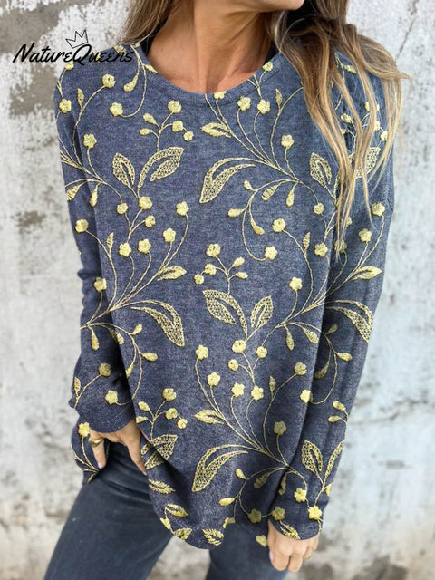 Women's Vintage Lovely Floral Art Print Button Back Casual Knitted Shirt