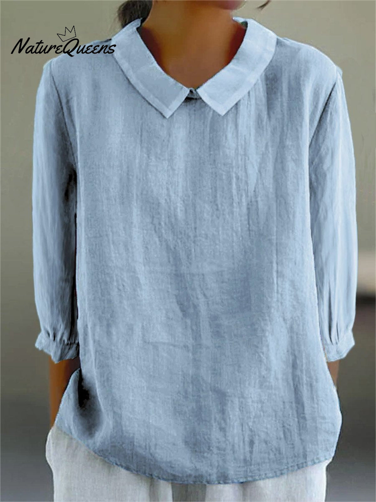 Women’s Solid Color Casual Cotton And Linen 3/4 Sleeve Shirt Blue / S