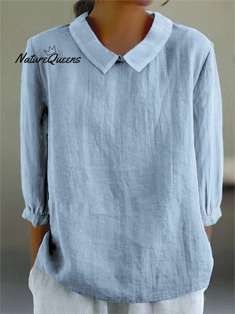 Women’s Solid Color Casual Cotton And Linen 3/4 Sleeve Shirt Blue / S