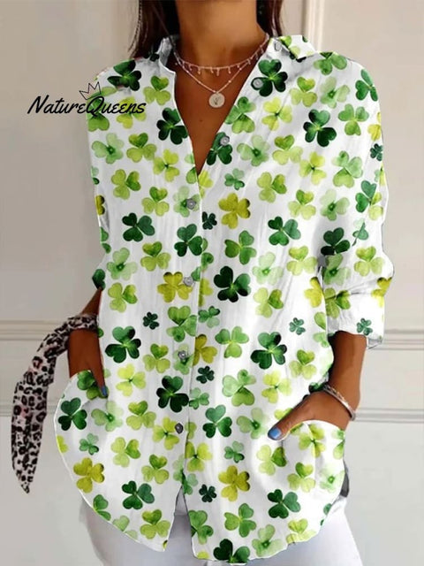 Women's  St. Patrick'S Day Retro Lucky Clover Print Casual Cotton Shirt