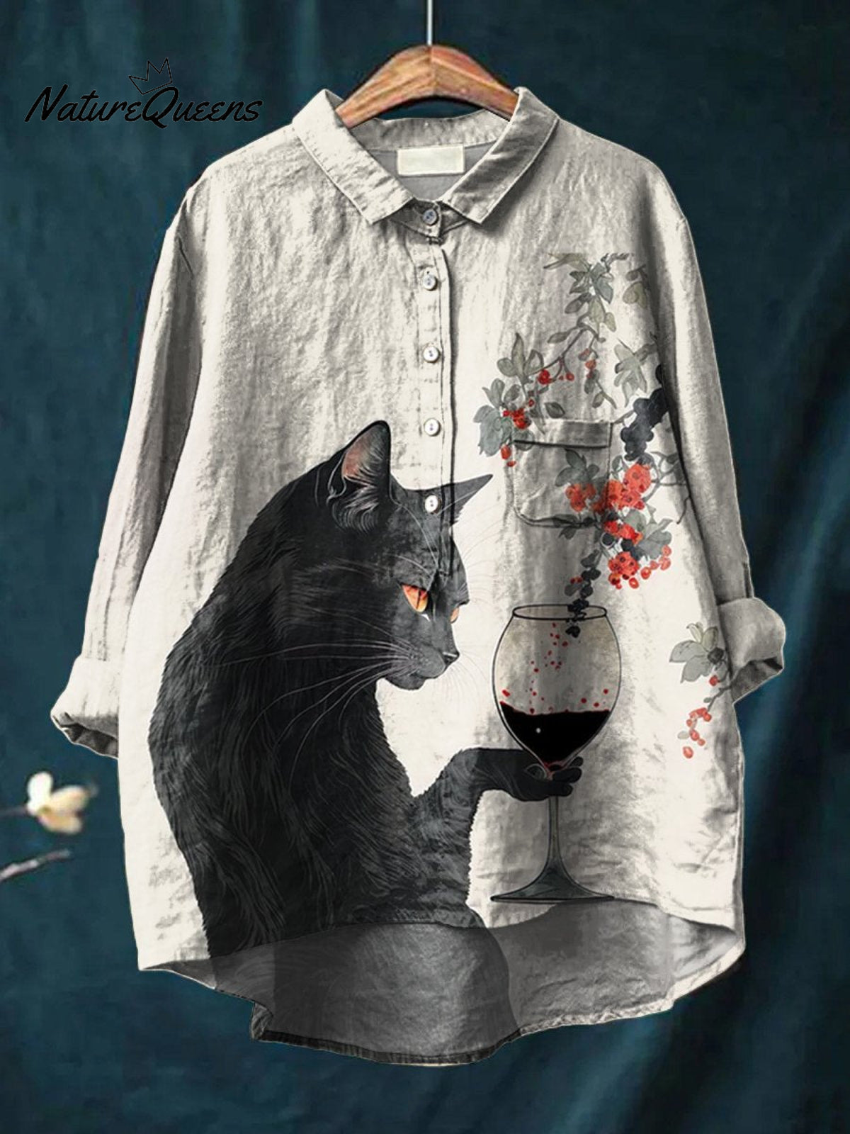 Cute Animal Red Wine Drinking Cat Art Vintage Print Casual Cotton And Linen Shirt