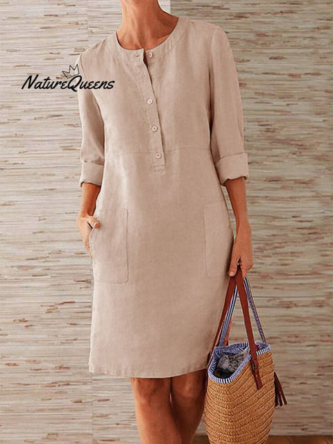 Spring Cotton And Linen Round Neck Long Sleeve Dress Khaki / S