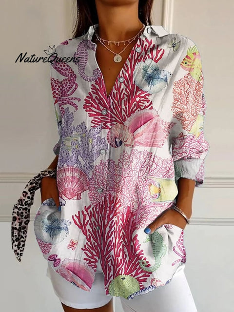 Women's Ocean  Art Print Casual Cotton Shirt