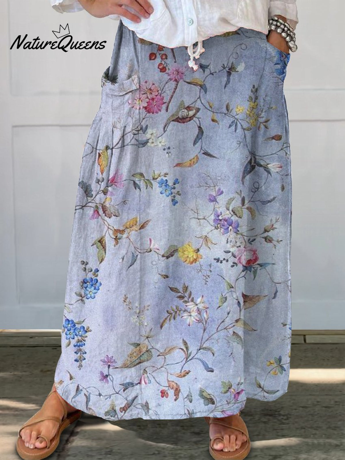 Elegant Vintage Blue Print Women’s Linen Pocket Skirt Multicolor / S