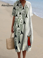Women's Vintage Lovely Fish Art Print Flowy Dress