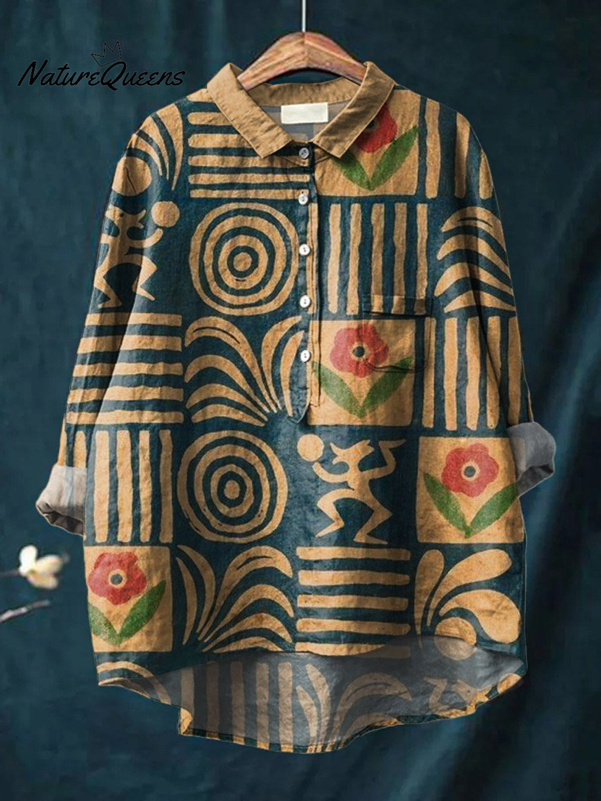 Vintage Ethnic Pattern Art Print Casual Cotton And Linen Shirt