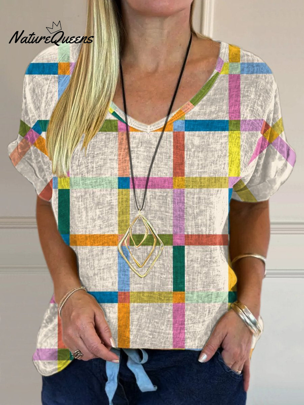 Geometric Plaid Pattern Printed Women's Casual Cotton And Linen Shirt